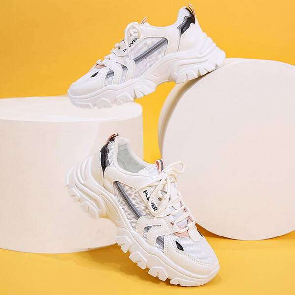 

Letter Graphic Breathable Lace-up Front Chunky Sole Sneakers, White