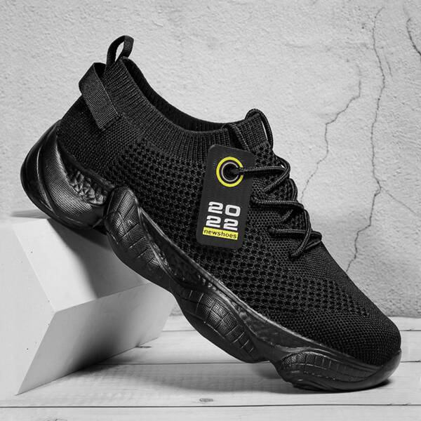 

Men Breathable Knit Detail Lace-up Front Sneakers, Black