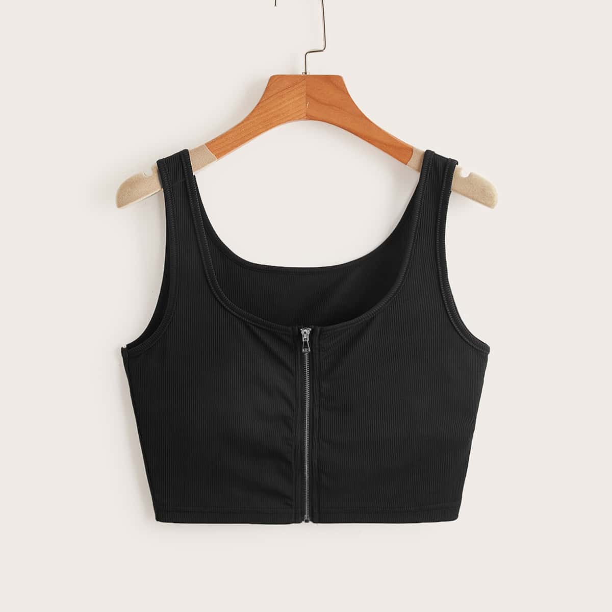 

Solid Zip Up Ribbed Crop Tank Top, Black
