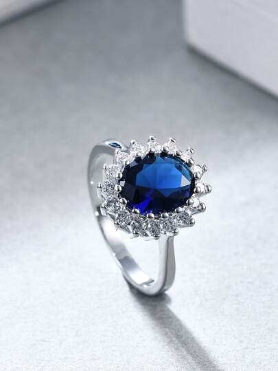 1pc Luxury Design Sapphire Zirconia Inlaid Ring, Elegant Sapphire Wedding Band Suitable For Daily Wear