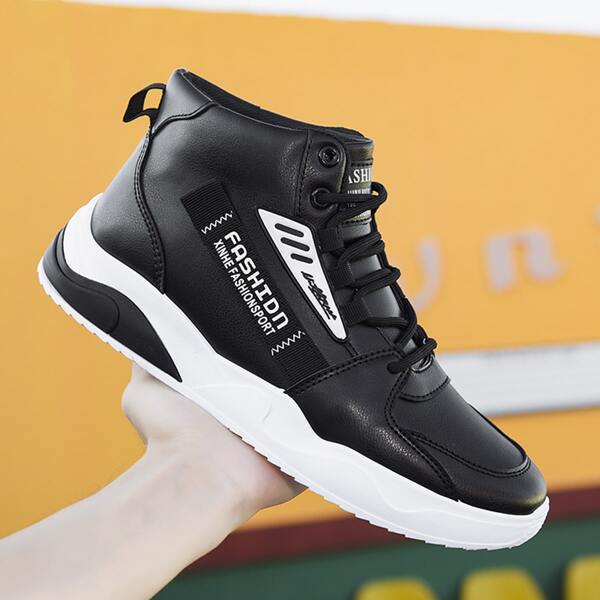 

Men Letter Patch Lace-up Front High Top Sneakers, Black