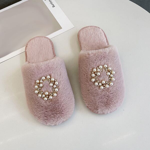 

Faux Pearl Decor Fluffy Home Slippers, Pink