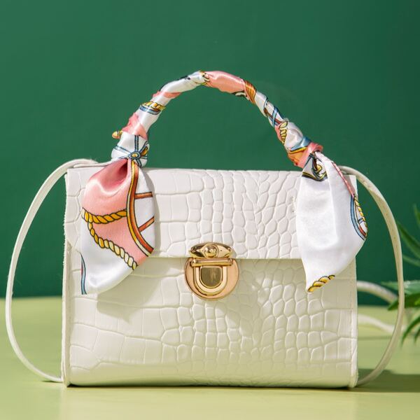 

Croc Embossed Scarf Decor Flap Satchel Bag, White