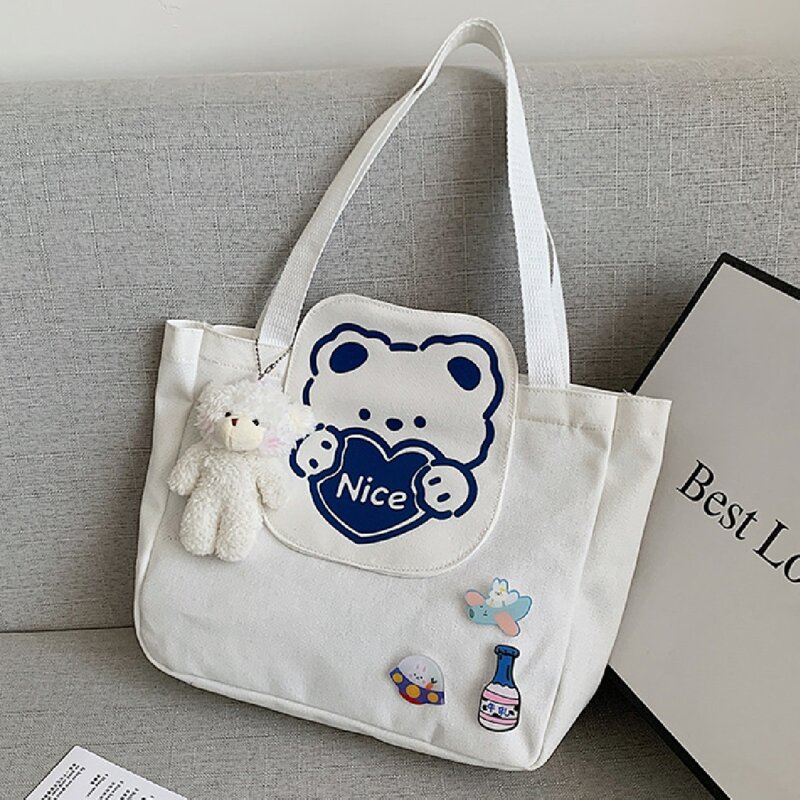 

Cartoon Bear Print Tote Bags With Cartoon Charm, White