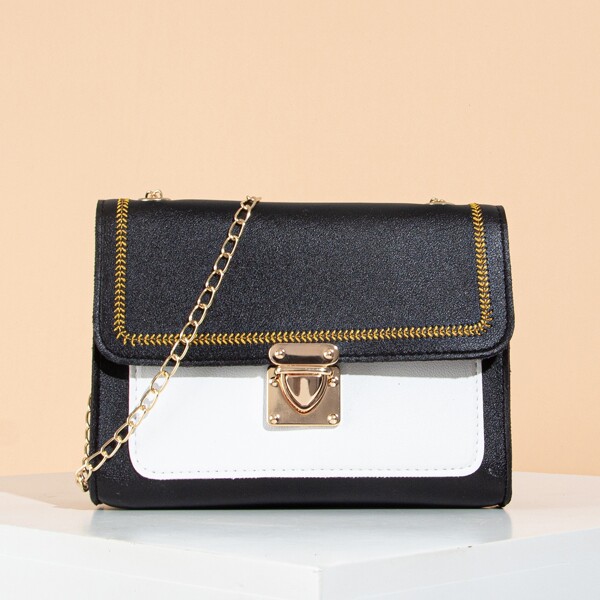 

Embroidery Trim Flap Chain Bag, Black