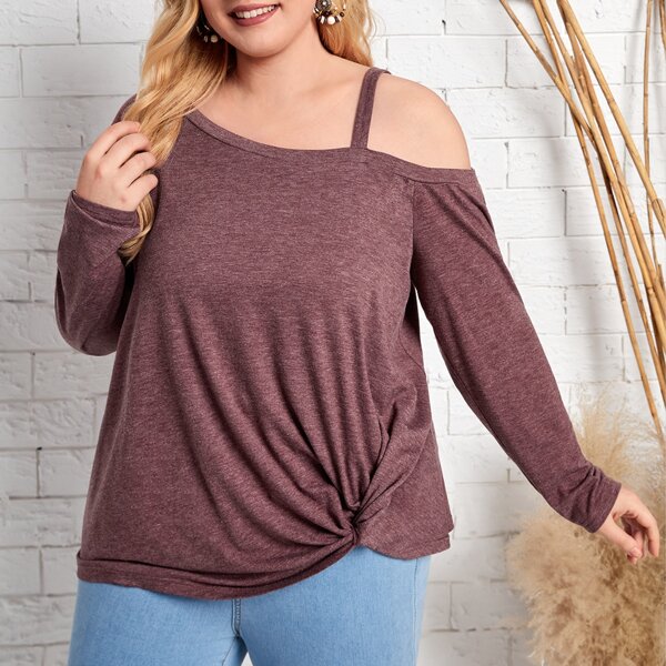 

Plus Asymmetrical Neck Cut Out Twist Front Tee, Mauve purple