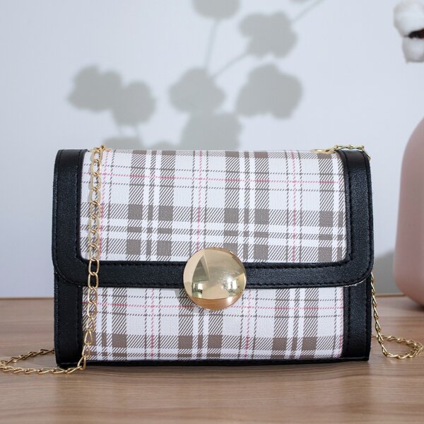 

Metal Decor Plaid Pattern Flap Square Bag, Black