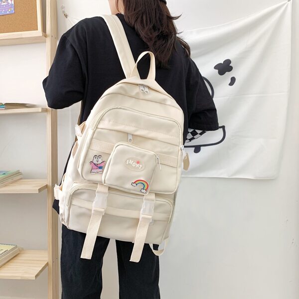 

Badge Decor Backpack With Coin Case, Beige