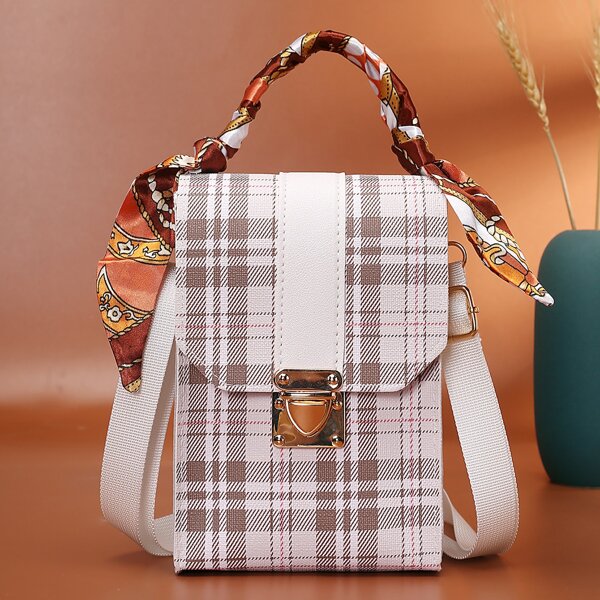 

Plaid Push Lock Flap Satchel Bag, White