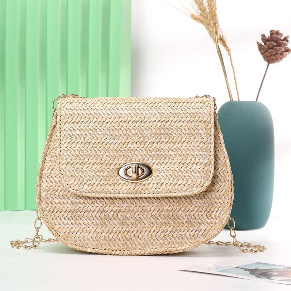 

Minimalist Turn-lock Vacation Straw Saddle Bag, Beige