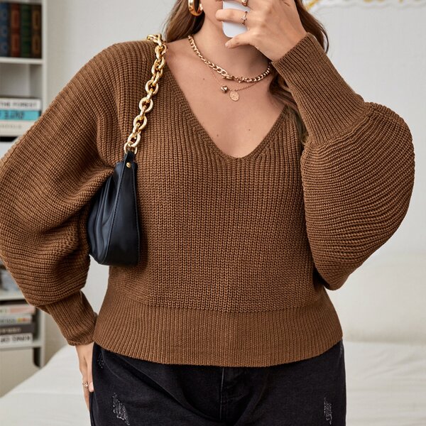 

Plus Cut Out Back Batwing Sleeve Sweater, Coffee brown