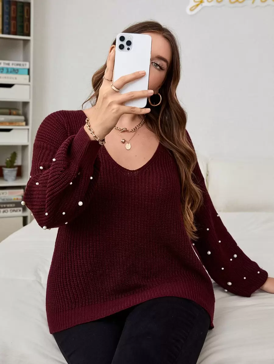 Celure Plus Pearls Beaded Drop Shoulder Jumper - Maroon - View 1