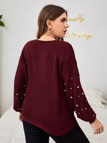 Celure Plus Pearls Beaded Drop Shoulder Jumper - Maroon - View 2