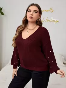 Celure Plus Pearls Beaded Drop Shoulder Jumper - Maroon - View 3