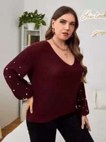 Celure Plus Pearls Beaded Drop Shoulder Jumper - Maroon - View 4