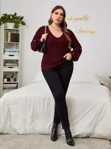 Celure Plus Pearls Beaded Drop Shoulder Jumper - Maroon - View 5