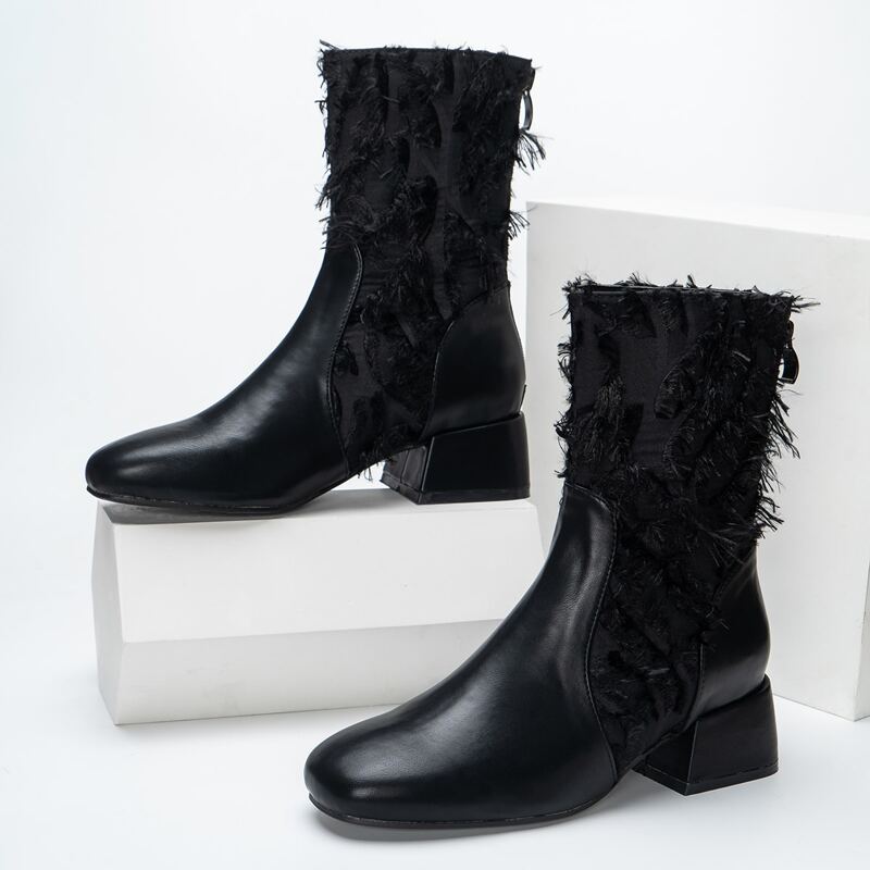 

Fluffy Detail Slip On Chunky Boots, Black