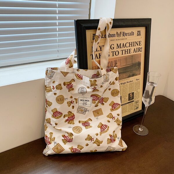 

Cartoon Bear Graphic Shopper Bag, Multicolor