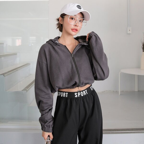 

Drawstring Zip-up Crop Hoodie, Dark grey
