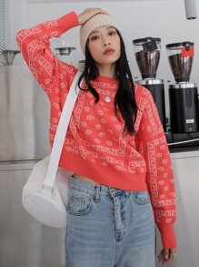 DAZY Geo Pattern Drop Shoulder Jumper - Red - View 3