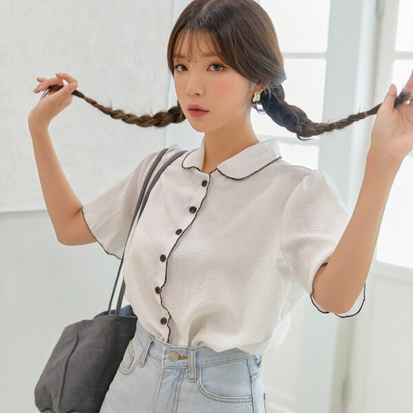 

Contrast Stitching Button Through Blouse, White