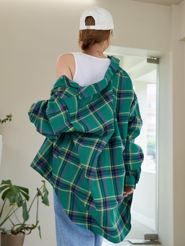 DAZY Camisa oversize de hombros caídos a cuadros, ropa de otoño, camisa de franela a cuadros de manga larga para mujer