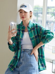 DAZY Gingham Drop Shoulder Oversized Shirt,Fall Clothes,Flannels Women Plaid Long Sleeve Top - Green - View 2