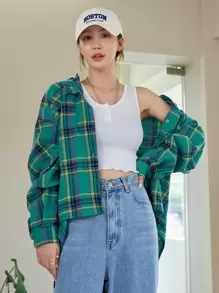 DAZY Gingham Drop Shoulder Oversized Shirt,Fall Clothes,Flannels Women Plaid Long Sleeve Top - Green - View 3