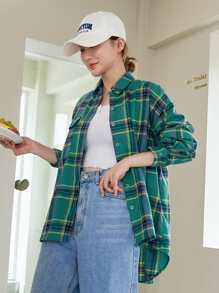 DAZY Gingham Drop Shoulder Oversized Shirt,Fall Clothes,Flannels Women Plaid Long Sleeve Top - Green - View 4