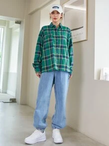 DAZY Gingham Drop Shoulder Oversized Shirt,Fall Clothes,Flannels Women Plaid Long Sleeve Top - Green - View 5
