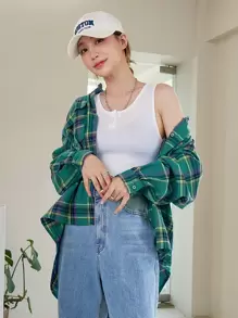 DAZY Gingham Drop Shoulder Oversized Shirt,Fall Clothes,Flannels Women Plaid Long Sleeve Top - Green - View 6