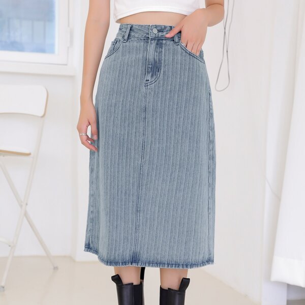 

Slit Back Washed Denim Skirt, Light wash