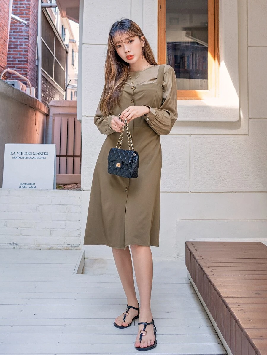 DAZY Button Front Tie Back Cami Dress With Top