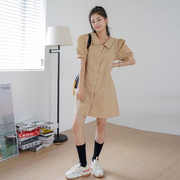 

Peter-pan Collar Puff Sleeve Shirt Dress, Khaki