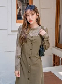 DAZY Button Front Tie Back Cami Dress With Top