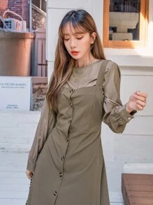 DAZY Button Front Tie Back Cami Dress With Top