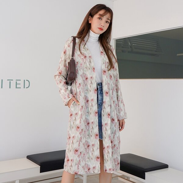 

Floral Print Open Front Coat Without Belt, Multicolor