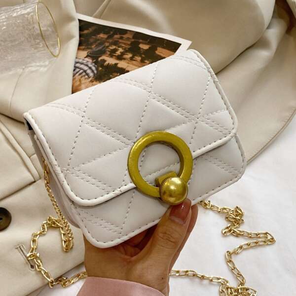 

Metal Decor Quilted Flap Square Bag, White