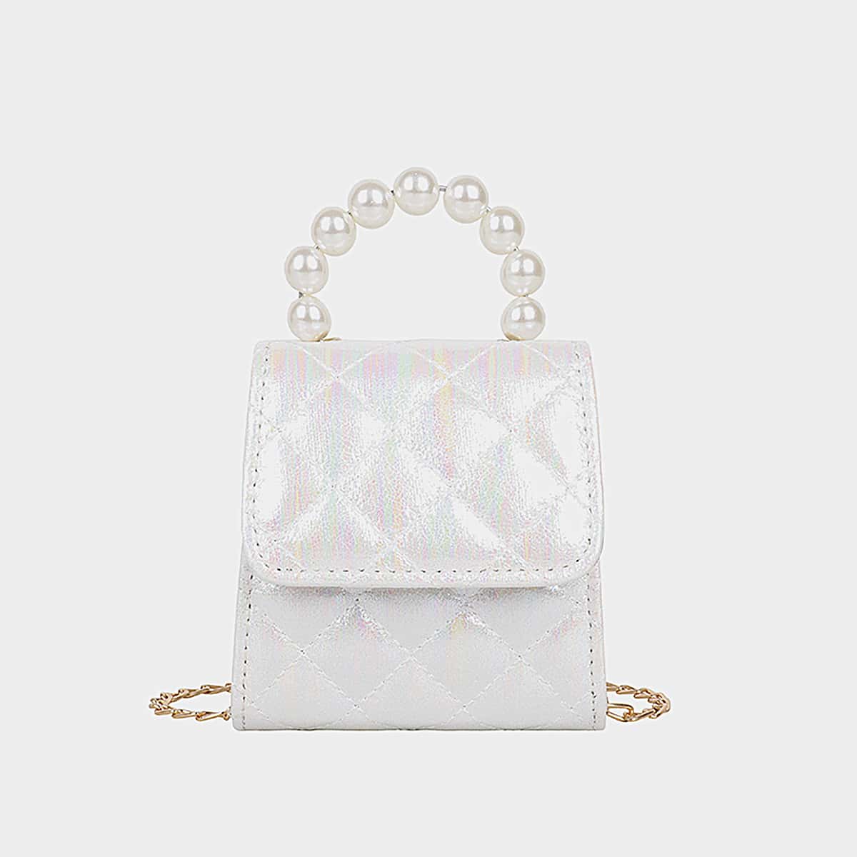 

Mini Faux Pearl Handle Quilted Chain Bag, White
