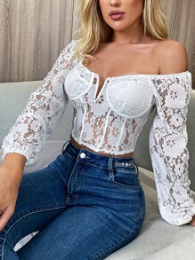 Blusa escote V bustier corto con encaje - Blanco - Ver 6