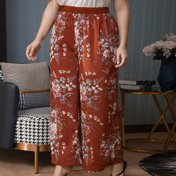

Plus Floral Print Wide Leg Pants, Brown