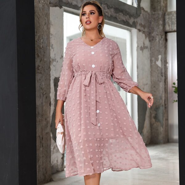 

Plus Swiss Dot Button Detail Belted Lantern Sleeve Chiffon Dress, Dusty pink