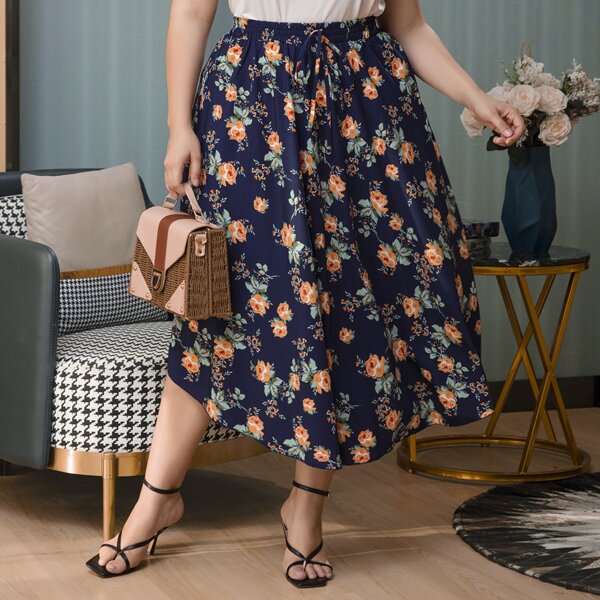 

Plus Floral Print Elastic Waist Skirt, Multicolor