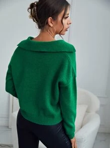 SHEIN Solid Collar Neck Drop Shoulder Jumper - Green - View 2