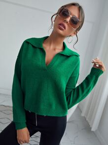 SHEIN Solid Collar Neck Drop Shoulder Jumper - Green - View 4
