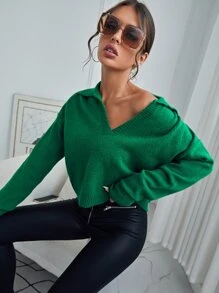 SHEIN Solid Collar Neck Drop Shoulder Jumper - Green - View 5