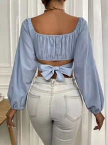 Chiquease Áo sơ mi Buộc lại Trọn gói Nếp gấp Phần Ngực màu trơn Thanh lịch - Màu xanh nhạt - Xem 2