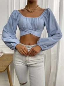 Chiquease Áo sơ mi Buộc lại Trọn gói Nếp gấp Phần Ngực màu trơn Thanh lịch - Màu xanh nhạt - Xem 4