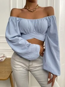 Chiquease Áo sơ mi Buộc lại Trọn gói Nếp gấp Phần Ngực màu trơn Thanh lịch - Màu xanh nhạt - Xem 8