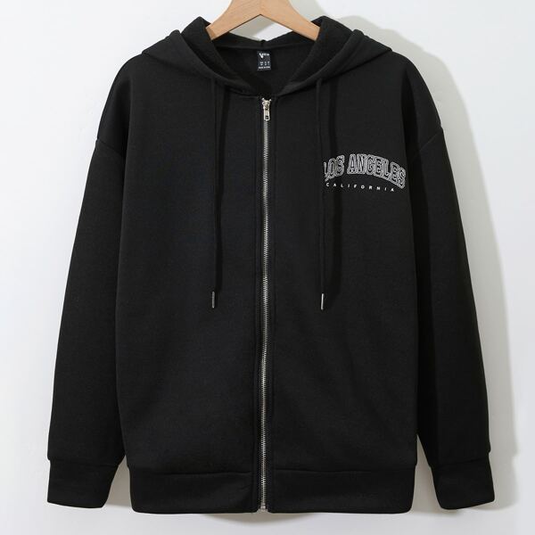 

Letter Graphic Zip Up Thermal Drawstring Hoodie, Black